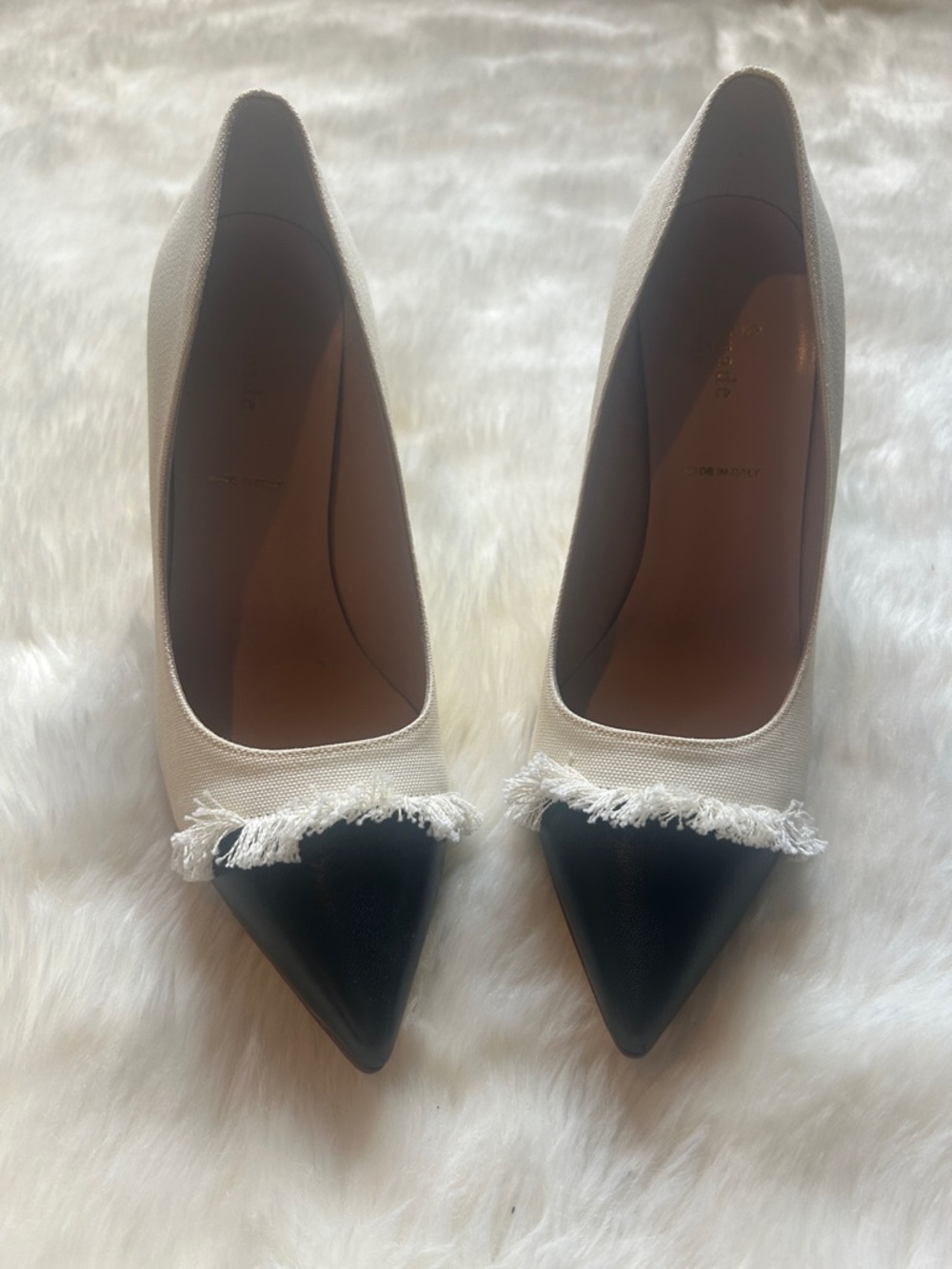 kate spade Two-Tone Pointed Toe Pumps in White and Black with Fringed Trim